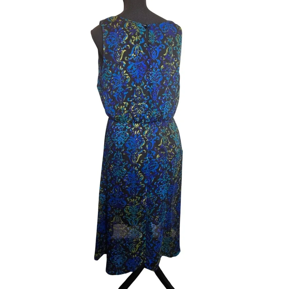 AA‎ Studio Midi Dress Womens 16W Blue Green Damask Sleeveless Chiffon Overlay